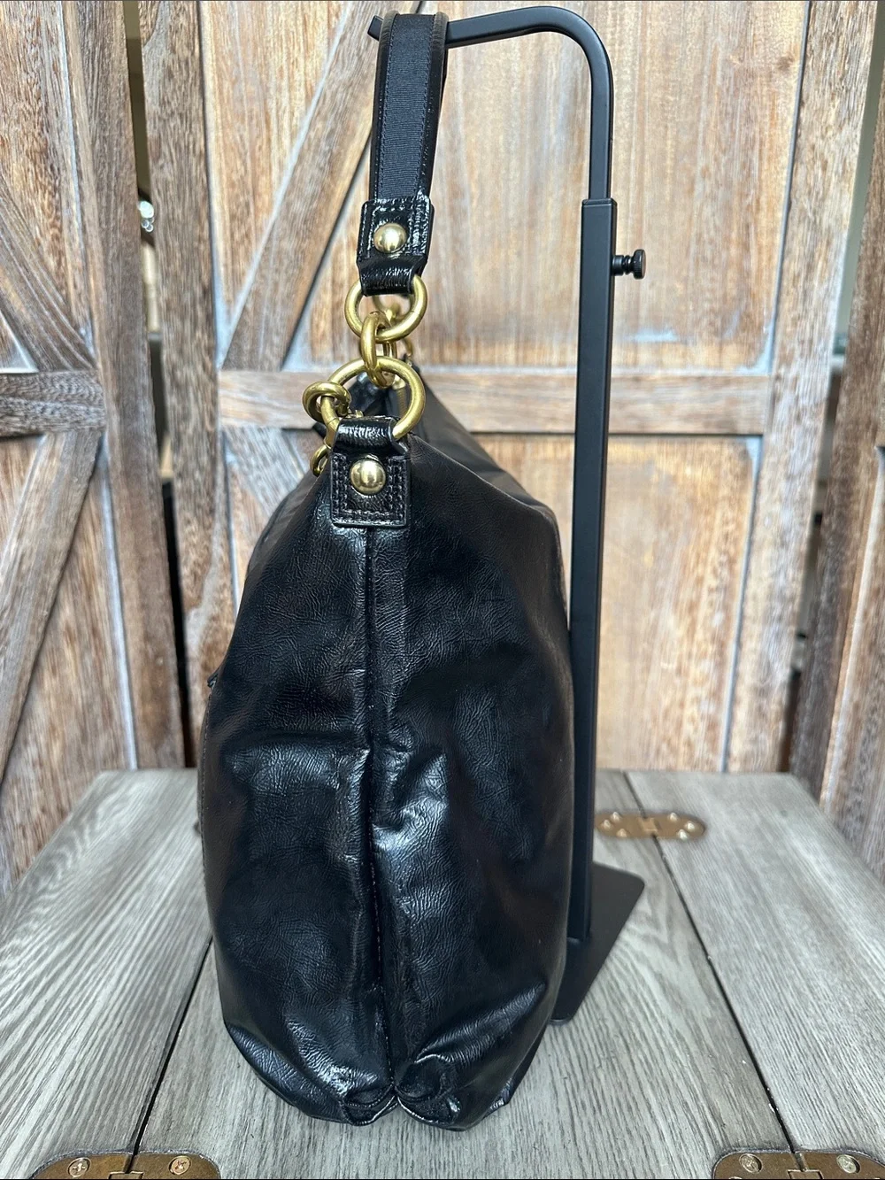Coach Vintage Y2K Poppy Black Liquid Gloss Tote & Gold Coach Cherry Charm